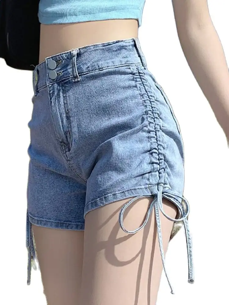 

All-match jeans 2022 summer bandage drawstring loose wide-leg pants high waist thin shorts fashion women's clothing