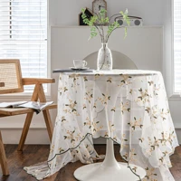 white lace rectangle tablecloth yellow flowers embroidered printed tulle table cloth cover background dessert home table decor