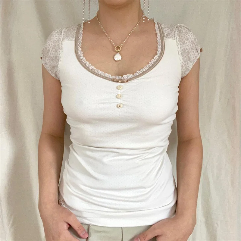 

Vintage Lace Patchwork Short Sleeve Slim T-shirts Crop Tops 2022 New y2k Square Collar Buttons T-shirts White Outwear Streetwear