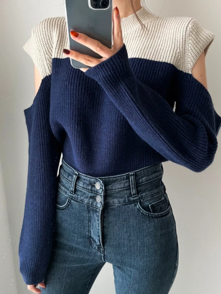 

Korean Sweater Women Chic O-neck Pullover Off Shoulder Color Matching Loose All-match Long Sleeve Sweaters 2022 Spring Knitwear
