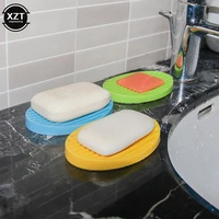 colorful silicone soap box plate flexible soap dishes holder bathroom tray shower sponge shelf drain non slip bathroom organizer
