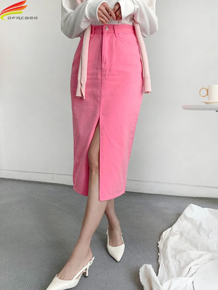 

DFRCAEG 2023 длинная джинсовая юбка для женщин с высокой талией разрезом розовые черные макси юбки джинсы в Корейском стиле Модные трапециевидные юбки для женщин