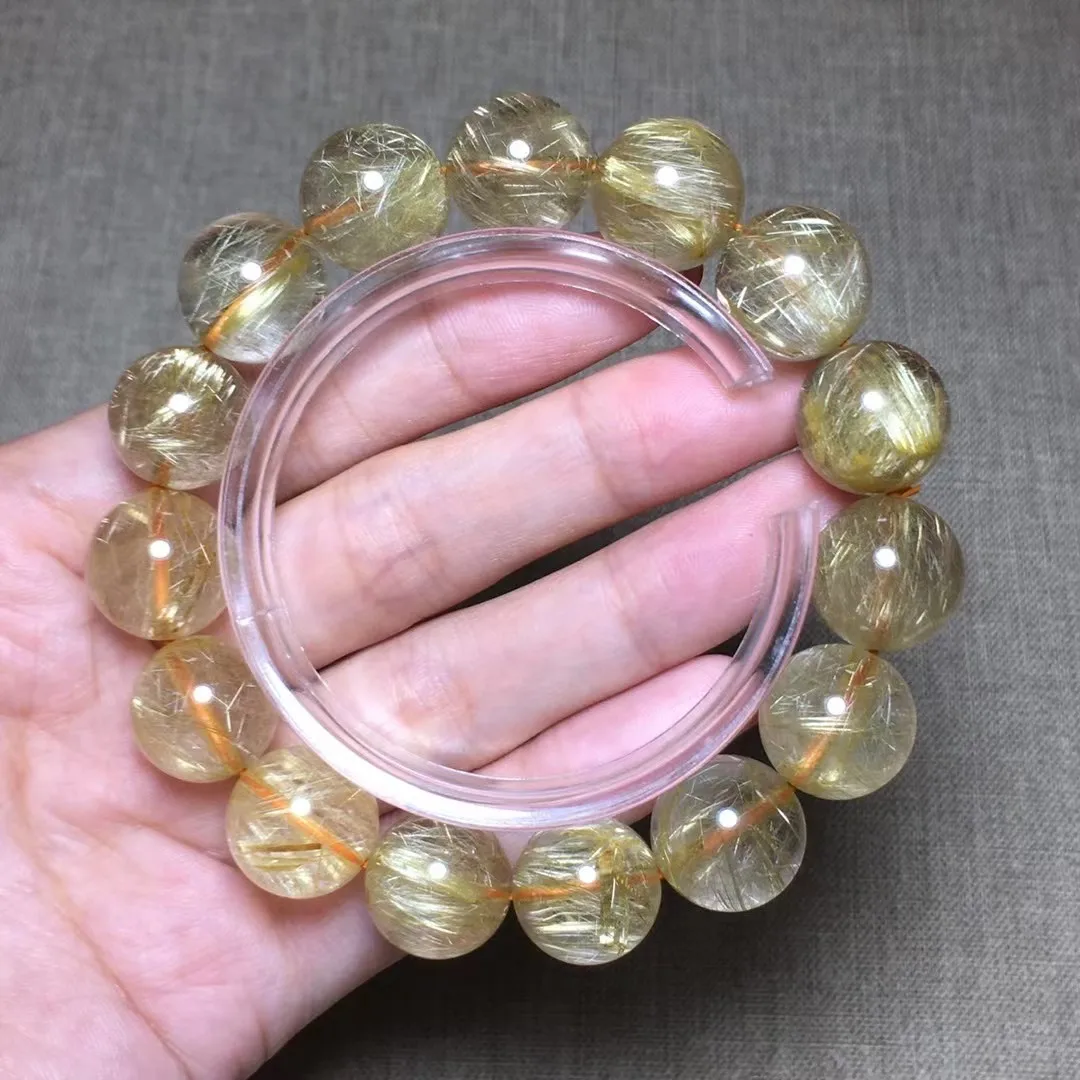

14mm Natural Gold Rutilated Quartz Bracelet Jewelry For Women Lady Man Wealth Gift Crystal Beads Energy Stone Strands AAAAA