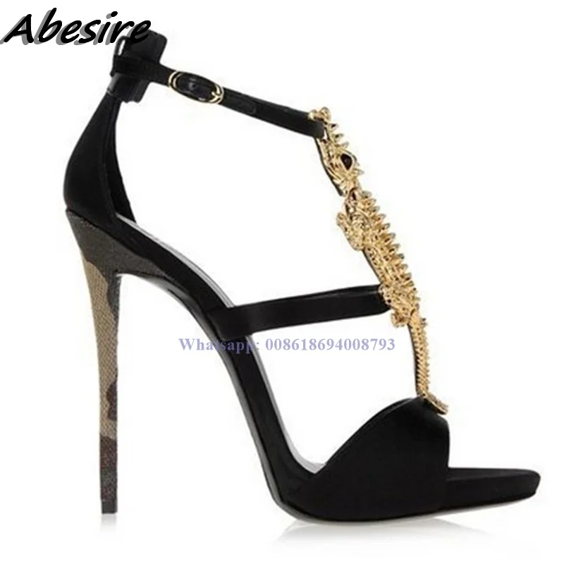 New Black Sandals Alligator Decor Open Toe Buckle Women Stilettos High Heel Sandals Metal Decor  Summer Shoes For Women Sandals
