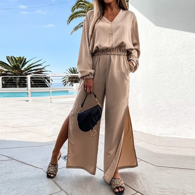

Women's Clothing Autumn Ins Style Slit Loose Trousers Fashion Casual Set V Neck Long Sleeve Top High Waist Wide Leg Pants