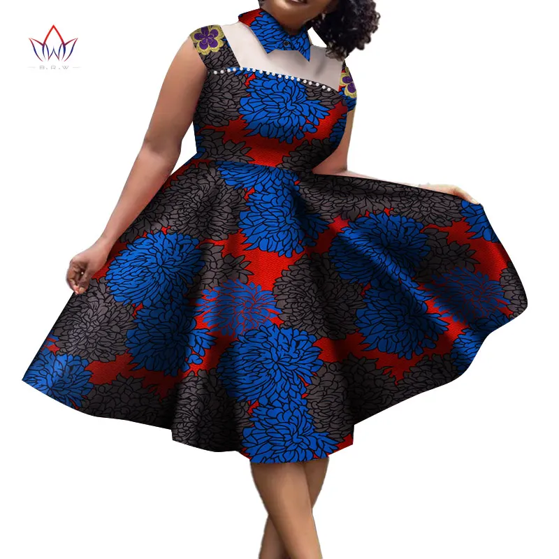 Bintarealwax Summer Fashion African Women Dress Bazin Turndown Collar Africa Clothes Dashiki Sexy Plus Size Dress WY7914