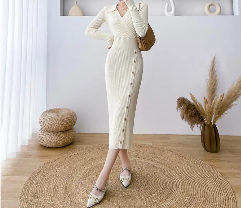 Женское трикотажное платье с длинным рукавом и отложным воротником 5 цветов