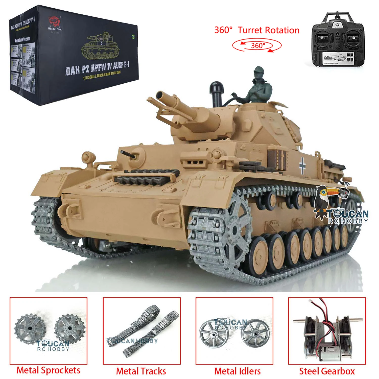 

Toys Heng Long 1/16 Scale 7.0 Upgraded Ver Panzer IV F Toucan RTR Ready to Run RC Tank 3858 W/ 360° Turret TH17383-SMT8