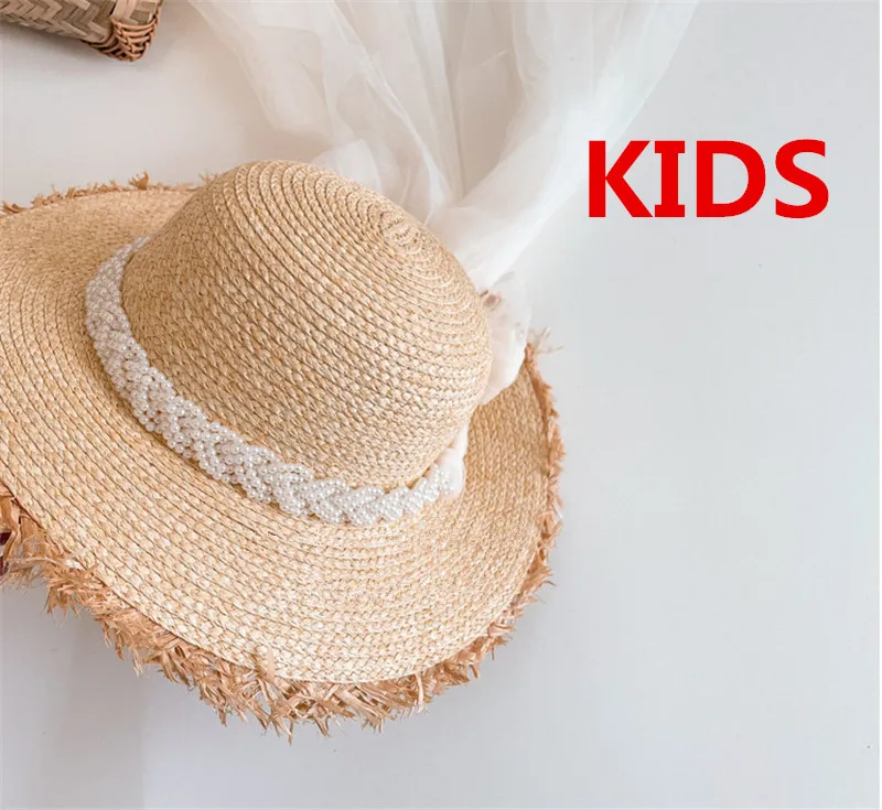 

202204-lele ins dropshipping summer beach shade lace bowknot pearl ribbon holiday kids girl hat sun cap children leisure hat