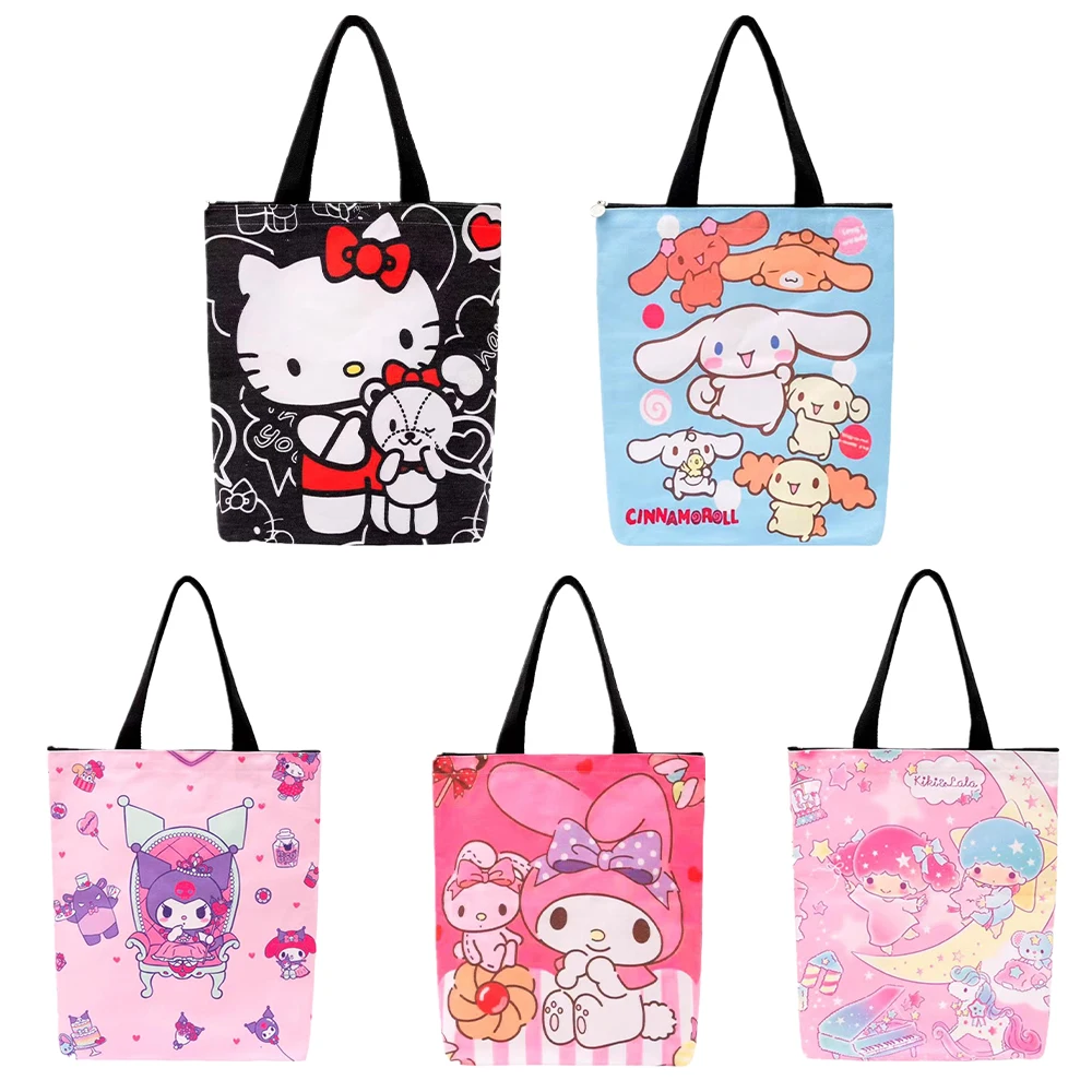 

Милая мультяшная сумка через плечо, аниме Kuromi Cinnamoroll My Melody, экологически чистая сумка для покупок, вместительная холщовая сумка на молнии, по...