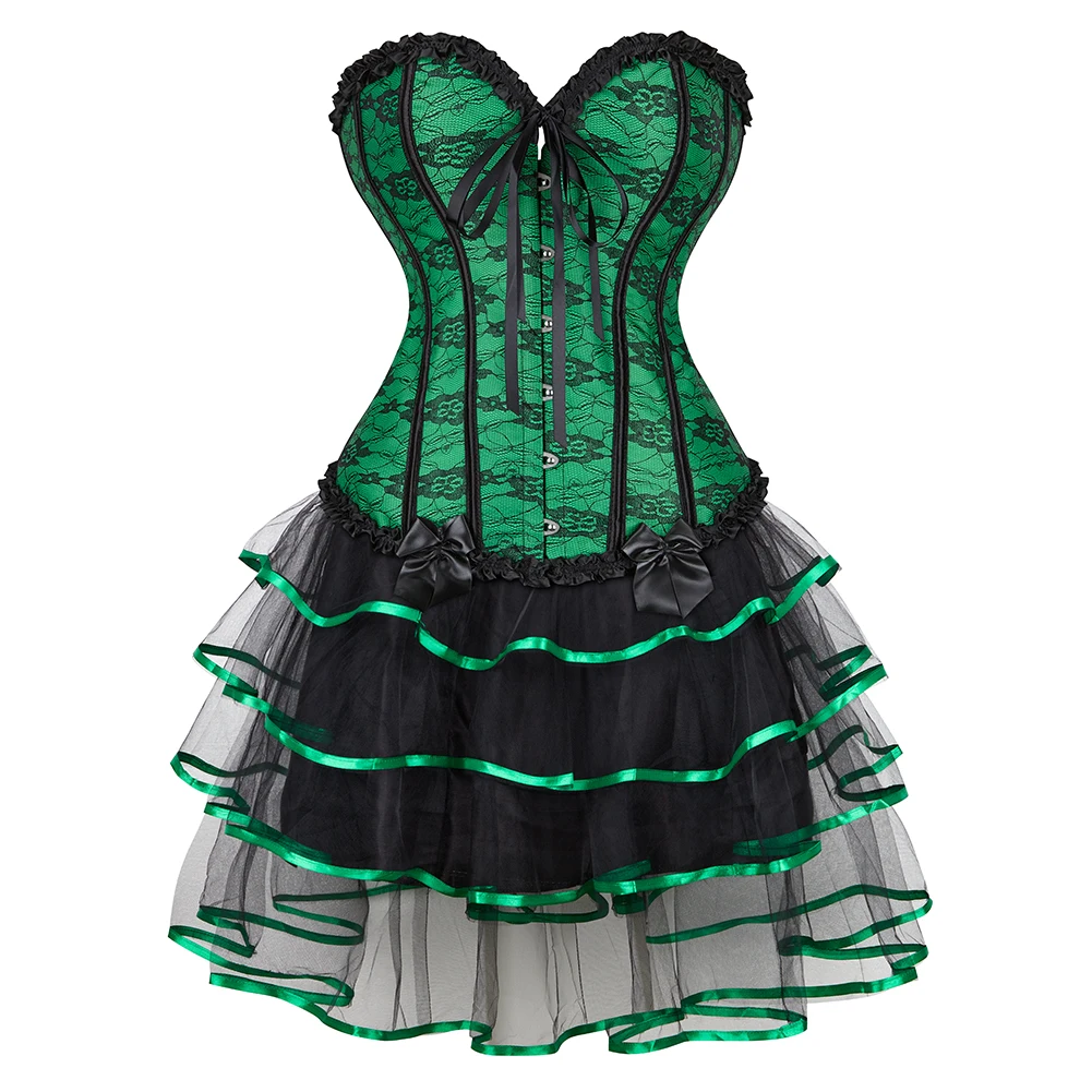 Green Corset Dress Tutu Skrits Set Overbust With Lace Costume Party Sexy Burlesque Ladies Basques Outfit Plus Size Gothic