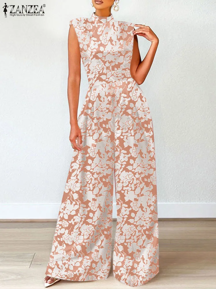 ZANZEA Elegant Turtleneck Cinched Waist Jumpsuits Women Floral Print Party Sleeveless Long Romper Holiday Wide Leg Pant Overalls