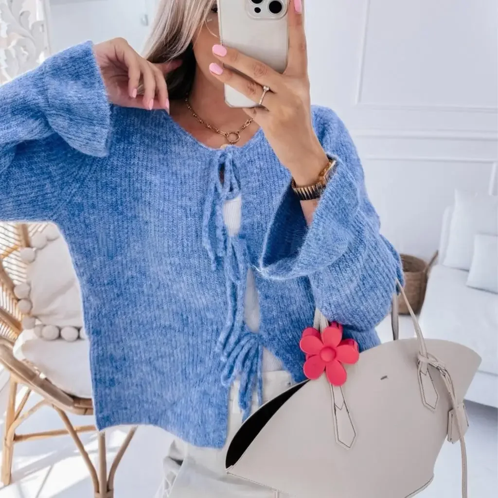 Combhasaki женский Y2K винтажный однотонный кардиган с бантом спереди и завязками