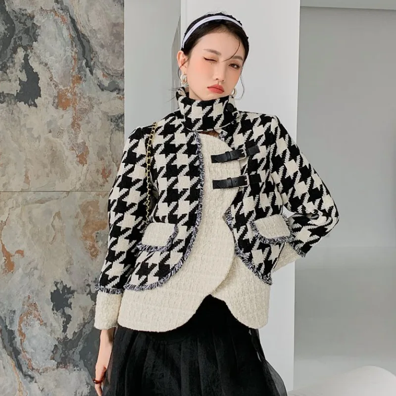 ZCSMLL French Vintage Plaid Woolen Coat Women's Winter Autumn 2022 New Style Woven Tassel Long Sleeve Woolen Coat Trend