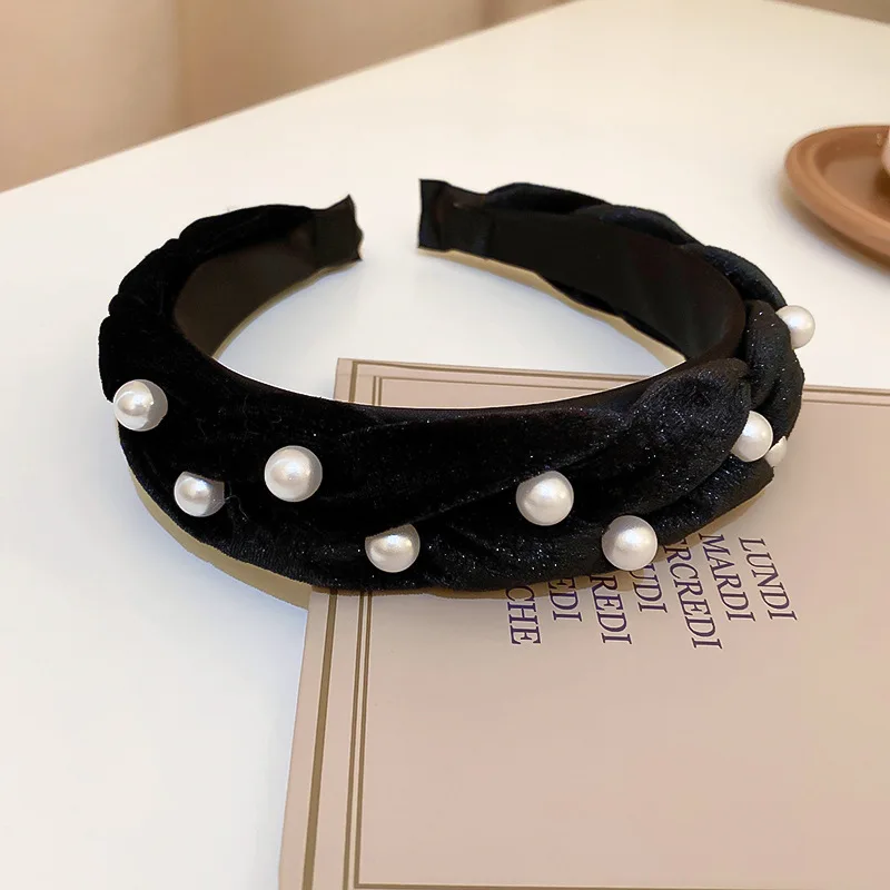 

Minar Elegant Simulated Pearl Twist Rope Hairbands for Women Black Color Velvet Wide Brimmed Headband Casual Hair Accessories