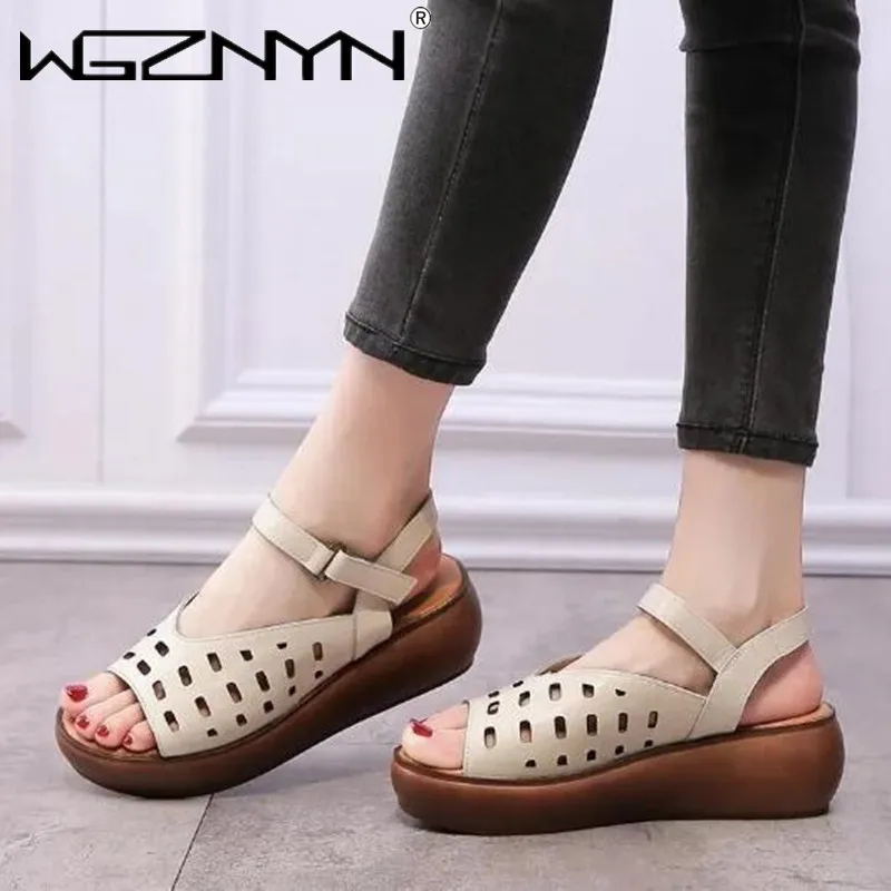 

Сандалии женские с открытым носком, босоножки из натуральной кожи, удобная повседневная обувь на толстой подошве в ретро стиле, лето 2022