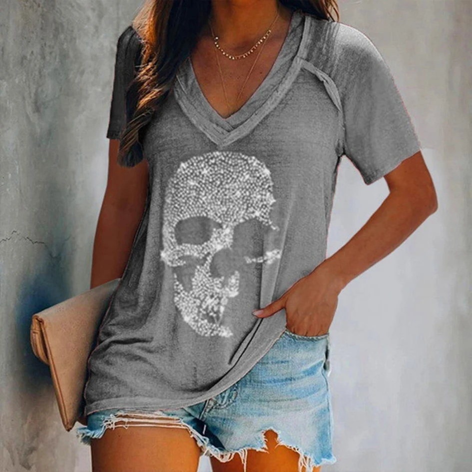 

Goth Skulls Wave point Print T-Shirts Women Punk Style Oversized Solid Color Pullover Short Sleeve Female Summer Loose Tops