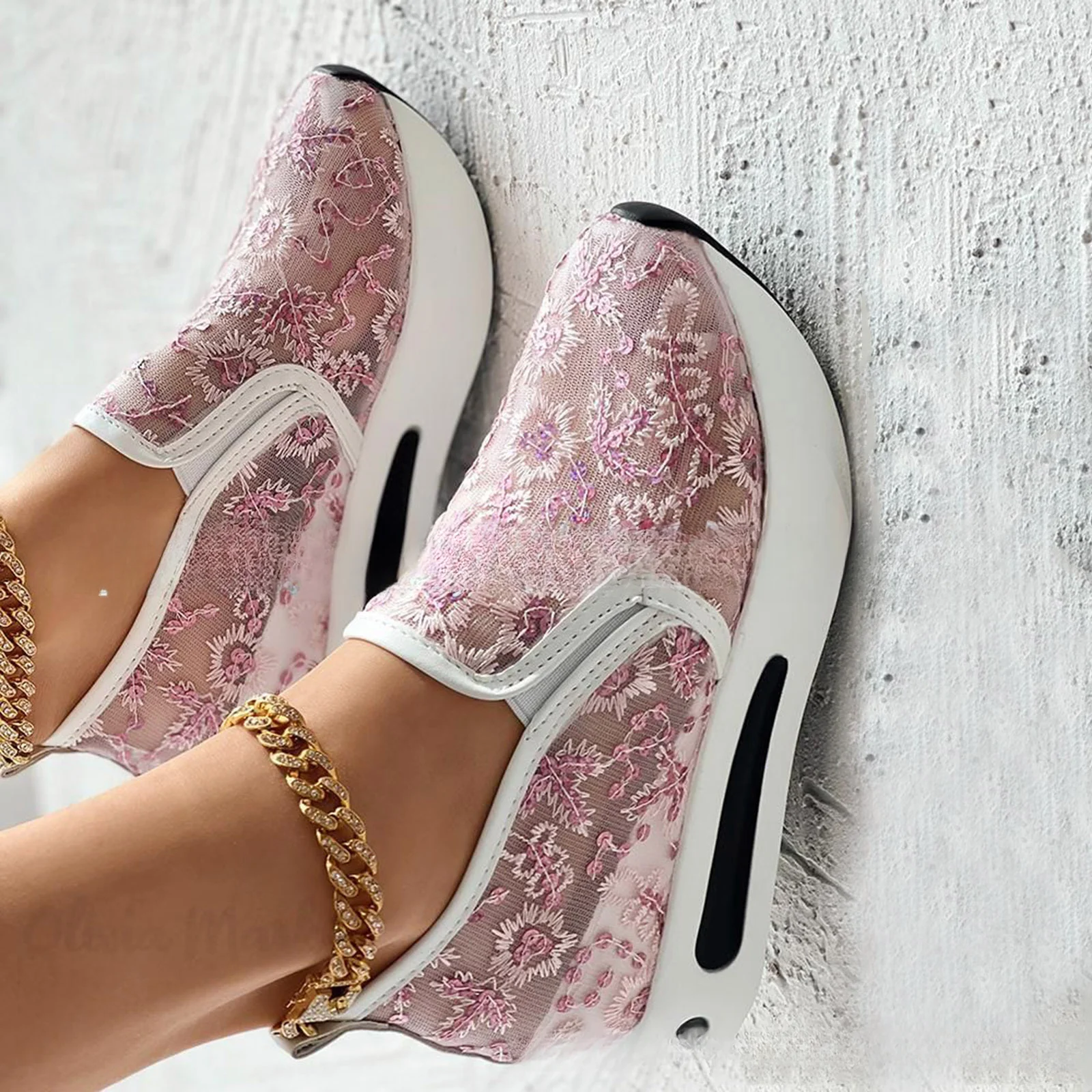 

Women's Sneakers Floral Embroidery Mesh Sneakers for Women Slip on Casual Heeled Shoes