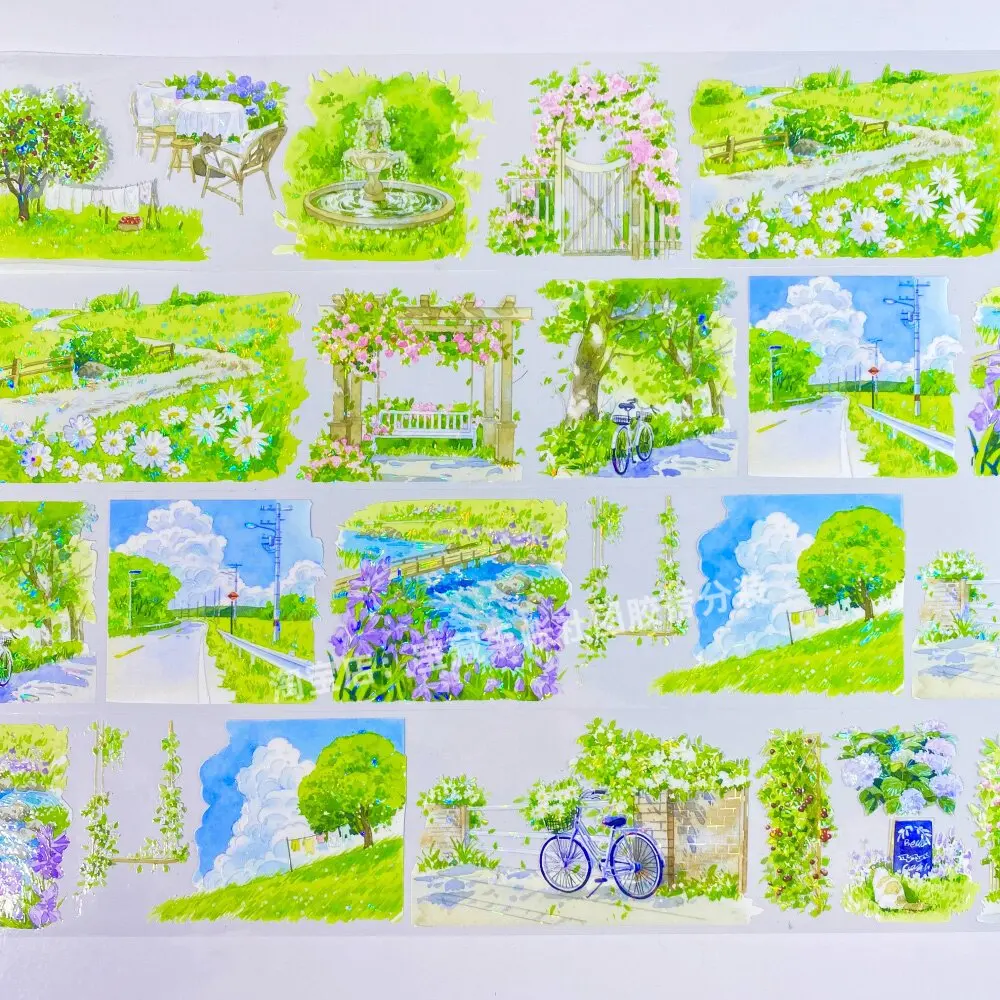 Фото Декоративная лента Washi Pet Tape Journal Breeze: Декоративные наклейки для скрапбукинга и коллажей с изображениями пейзажей, пикников и зеленых растений №2