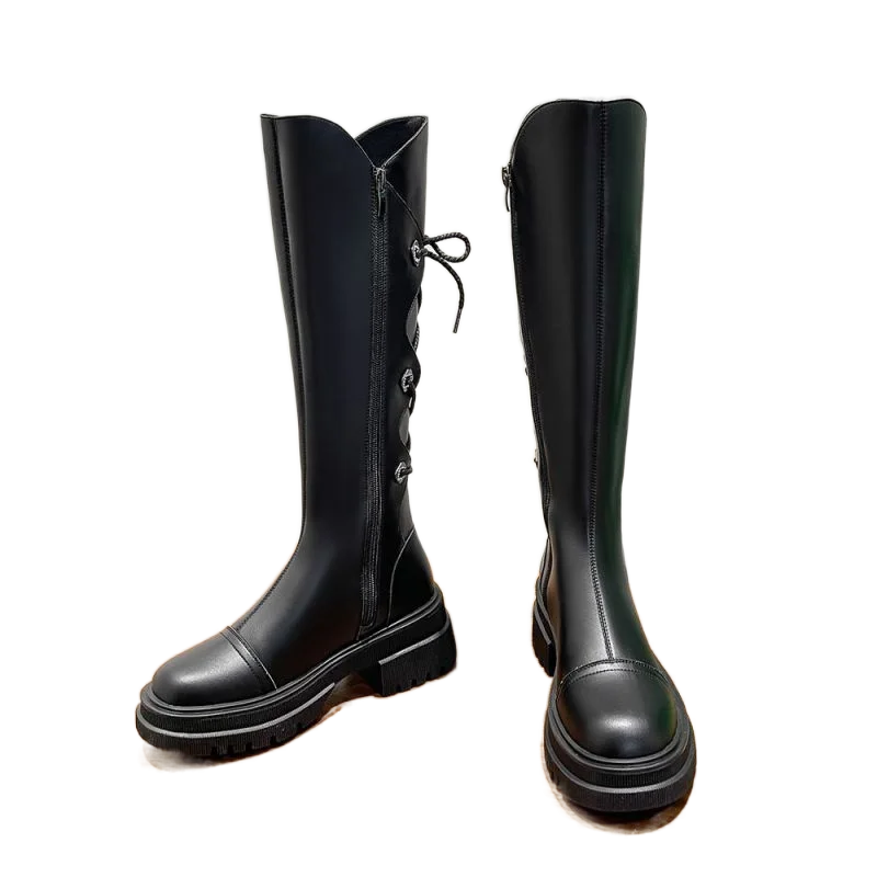 Women's Spring Autumn Boots Fashion Lady PU Leather Knee-High Back Lace Up Black Shoes Motorcycle Boots Female 2023 New