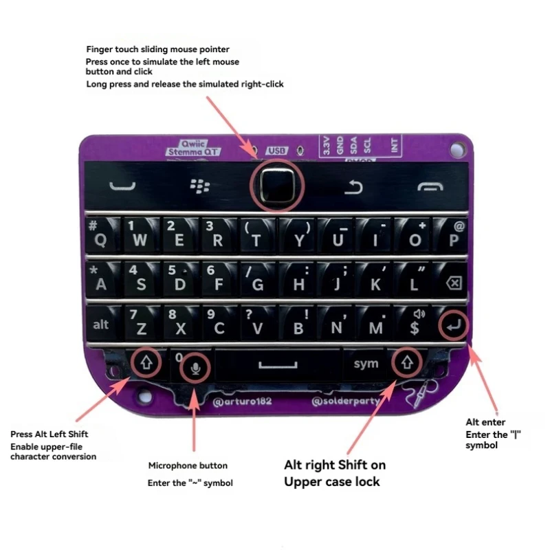 Фото Проводная мини-клавиатура BlackBerry Q20 Custom Solderparty Open Source BBQ20KBD Q20 (без корпуса) с поддержкой USB/Qwiic/PMOD №3