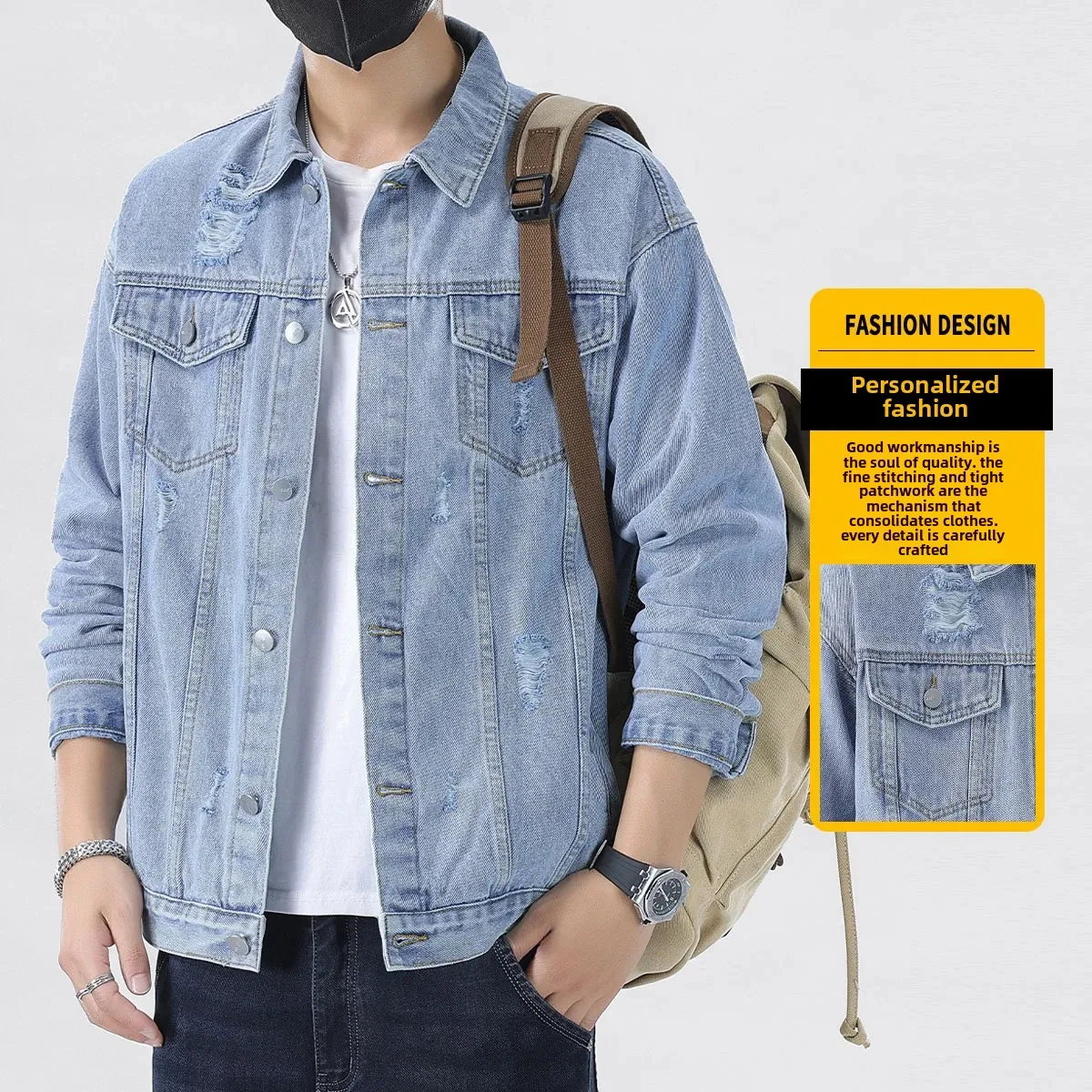 Модная мужская джинсовая куртка с мытьем плеч и дизайном отрыва. Модный пиджак на