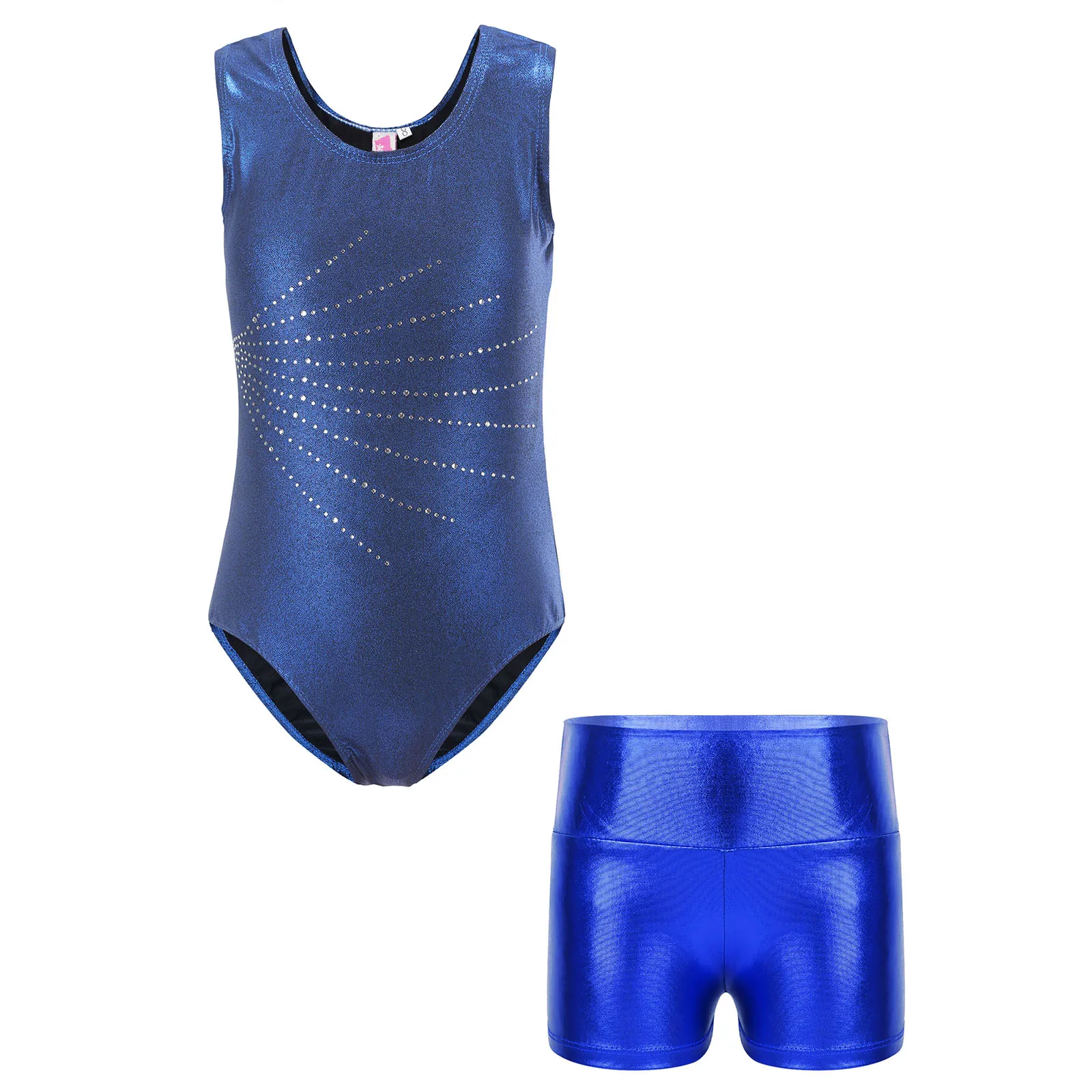 

Kids Girls Dance Set Metallic Sleeveless Round Neck Rhinestones Leotard with High Waist Shorts Gymnastics Performance Costumes