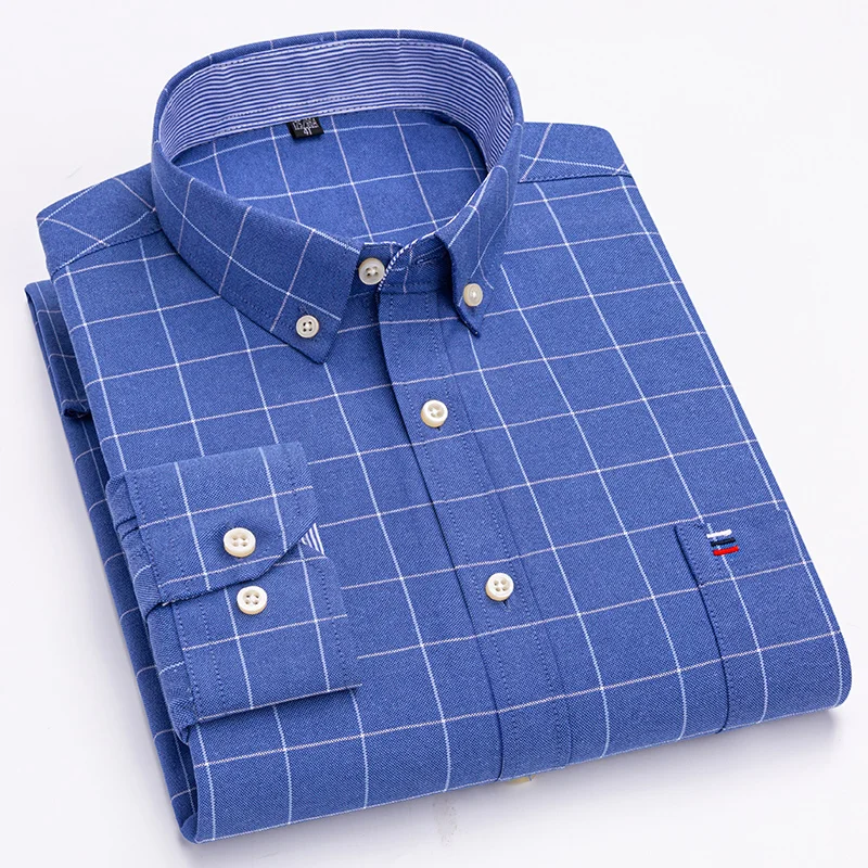 S-6XL New 100% Cotton Oxford Plaid Shirts For Mens Long Sleeve Cotton Casual White Dress Shirts Man Regular-Fit Men Social Shirt