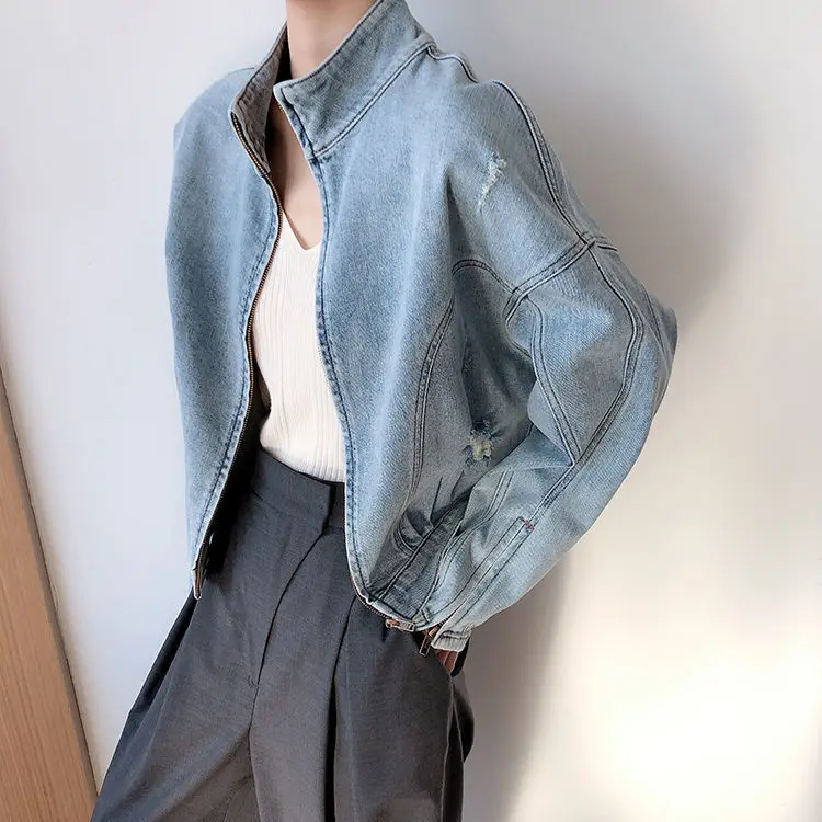 

Spring Autumn Women Jeans Coat Ripped COTTON Casual Solid Jackets Full Turtleneck Zipper Simple Women Coat Euro-America Style