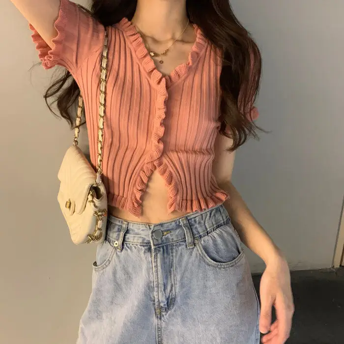 

Short Spice Girl Blouse Women 2023 new summer wooden ear side net red high waist navel v-neck short-sleeved sweater black