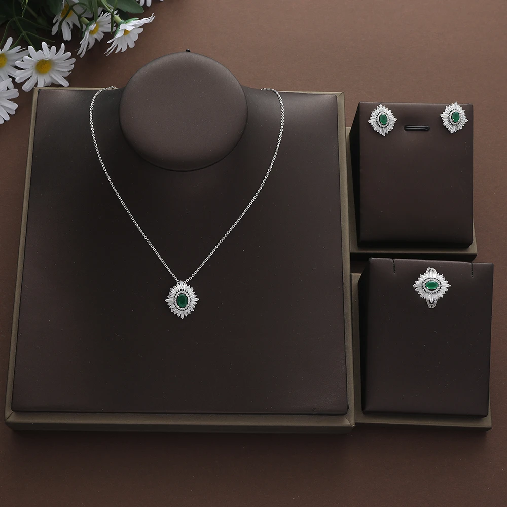 

New Designer Luxury Flower Round Cubic Zircon Engagement Dubai Naija Bridal Finger Rings Necklace Earring Jewelry Set S457