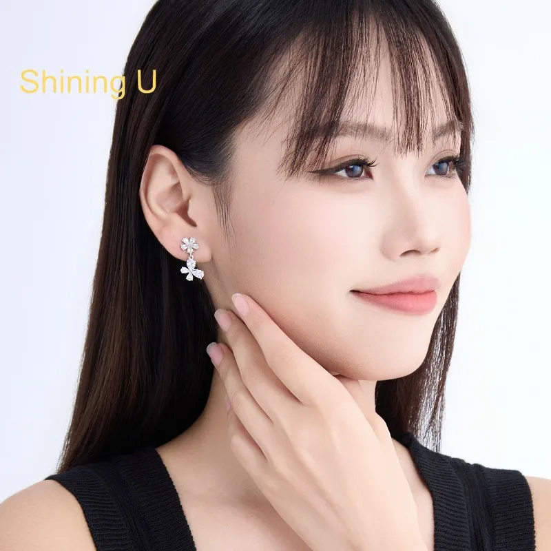Фото Серьги-клипсы Shining U с цирконами в форме бабочки и цветка для женщин, модные украшения на лето №3