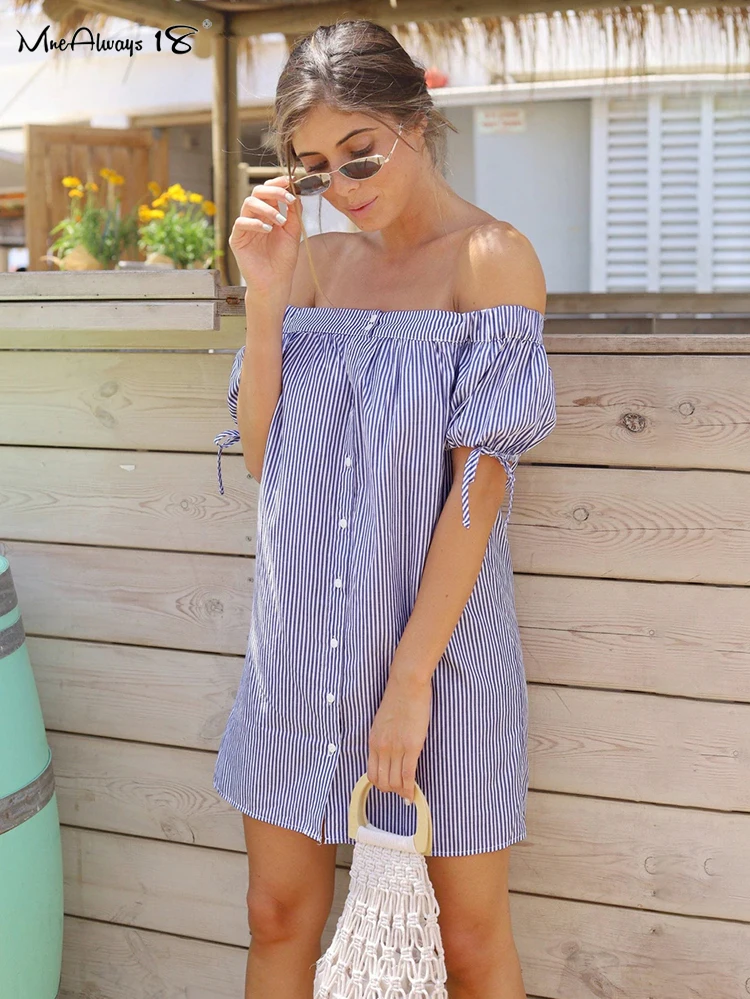 

Mnealways18 летнее Полосатое платье-рубашка с открытыми плечами, женское элегантное платье 2022 с пышными рукавами, женское свободное платье на пу...