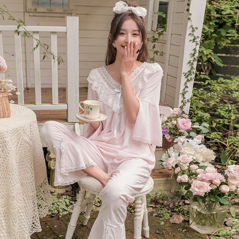 French Pajamas Women's Spring Autumn Palace Style V-neck Sweet Trumpet Sleeve Suit Lace Mesh Princess Home Dress Sleepwear