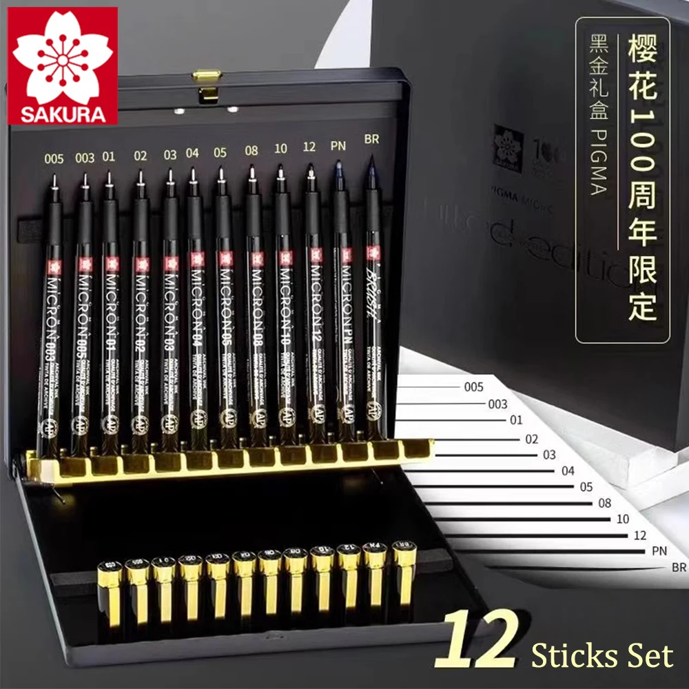 

Japan SAKURA Needle Tube Gel Pen Set Black Gold Gift Box 100th Limited Edition Design Comic Hand-painted Hook Pen Art Stationery