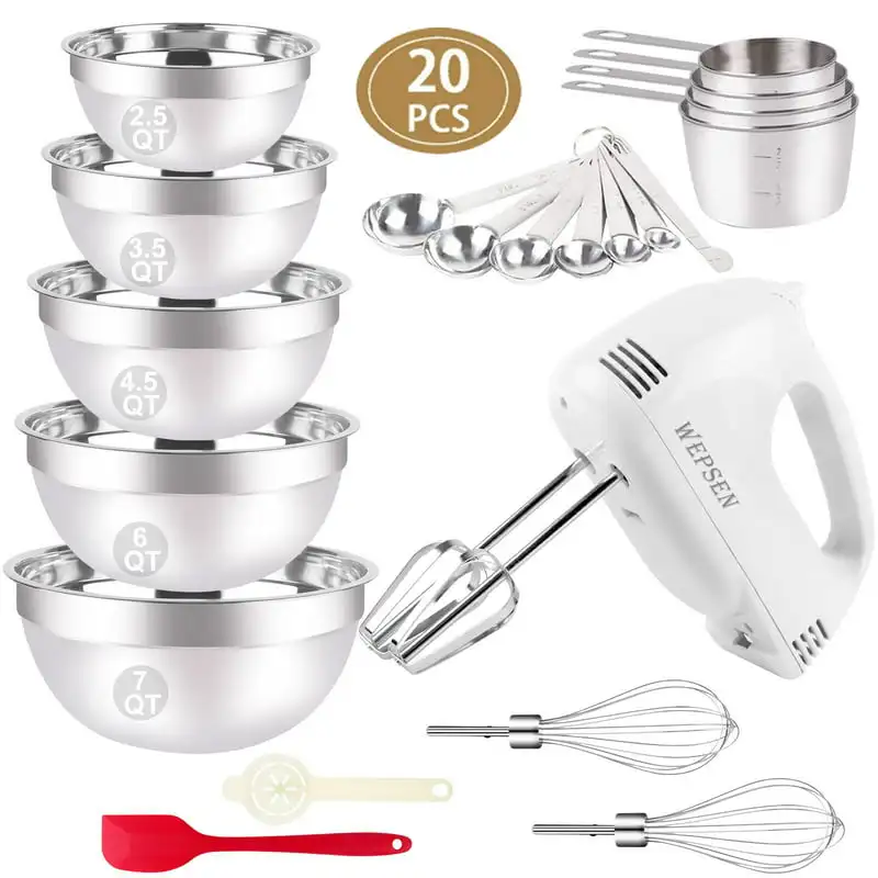 

Hand Mixer with Mixing Bowls Set, Hand Mixers for Kitchen, 5-Speeds Hand Mixer with Whisks Beater Stainless Steel Metal Nesting