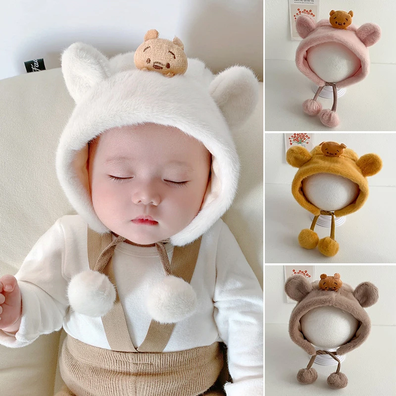 

Baby Ear Protection Beanie Cap Autumn Winter Solid Color Cartoon Bear Faux Fur Warm Bonnet Outdoor Windproof Adjustable Warm Hat
