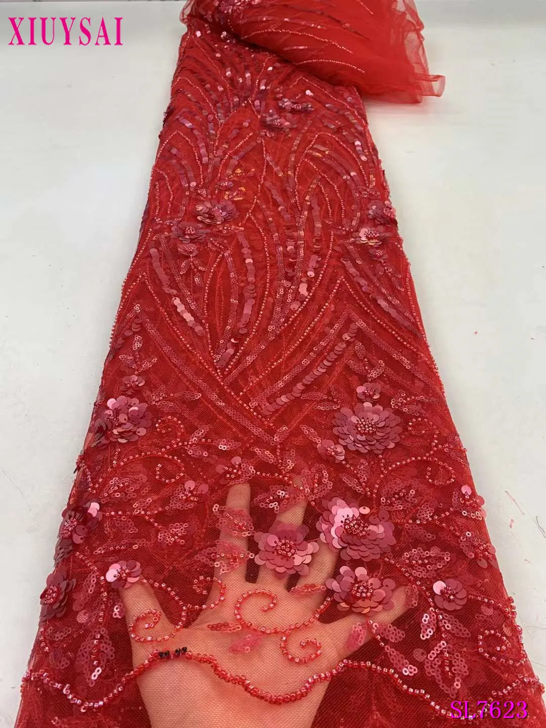 

Red Luxurious High -End French Beaded Lace Fabric 2023 Latest African Sequins Lace Fabric For Wedding Dress Sewing