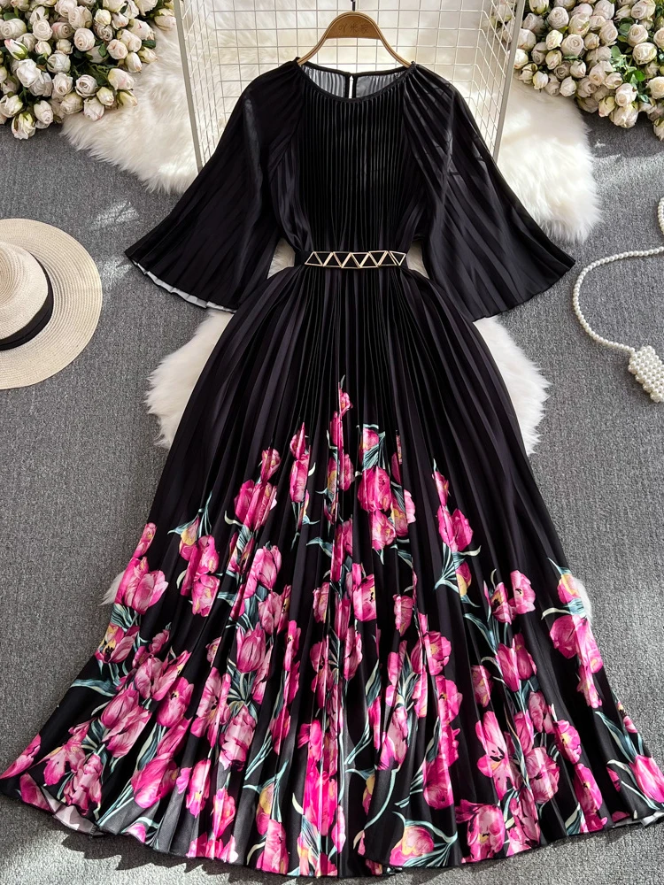 Женское плиссированное платье Летнее Длинное с полурукавами и круглым вырезом