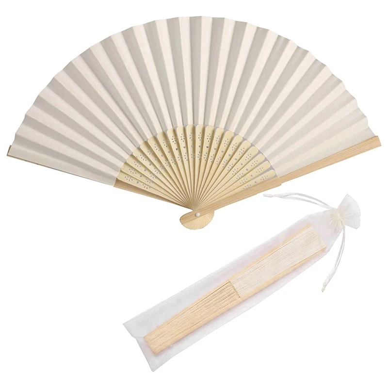 

50Piece Bamboo Handheld Folded Fan Decorative Paper Fan Wedding Party Favors (Cream)