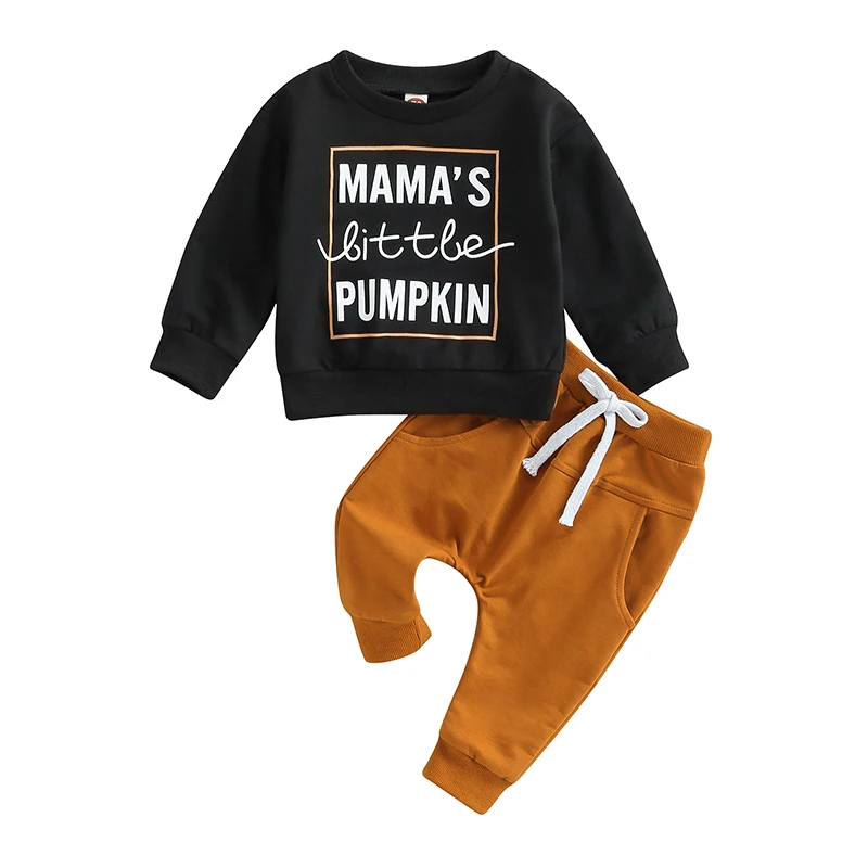 

Toddler Baby Boy Halloween Outfit Long Sleeve Letter Print Crewneck Sweatshirt Drawstring Pants 2Pcs Infant Outfit