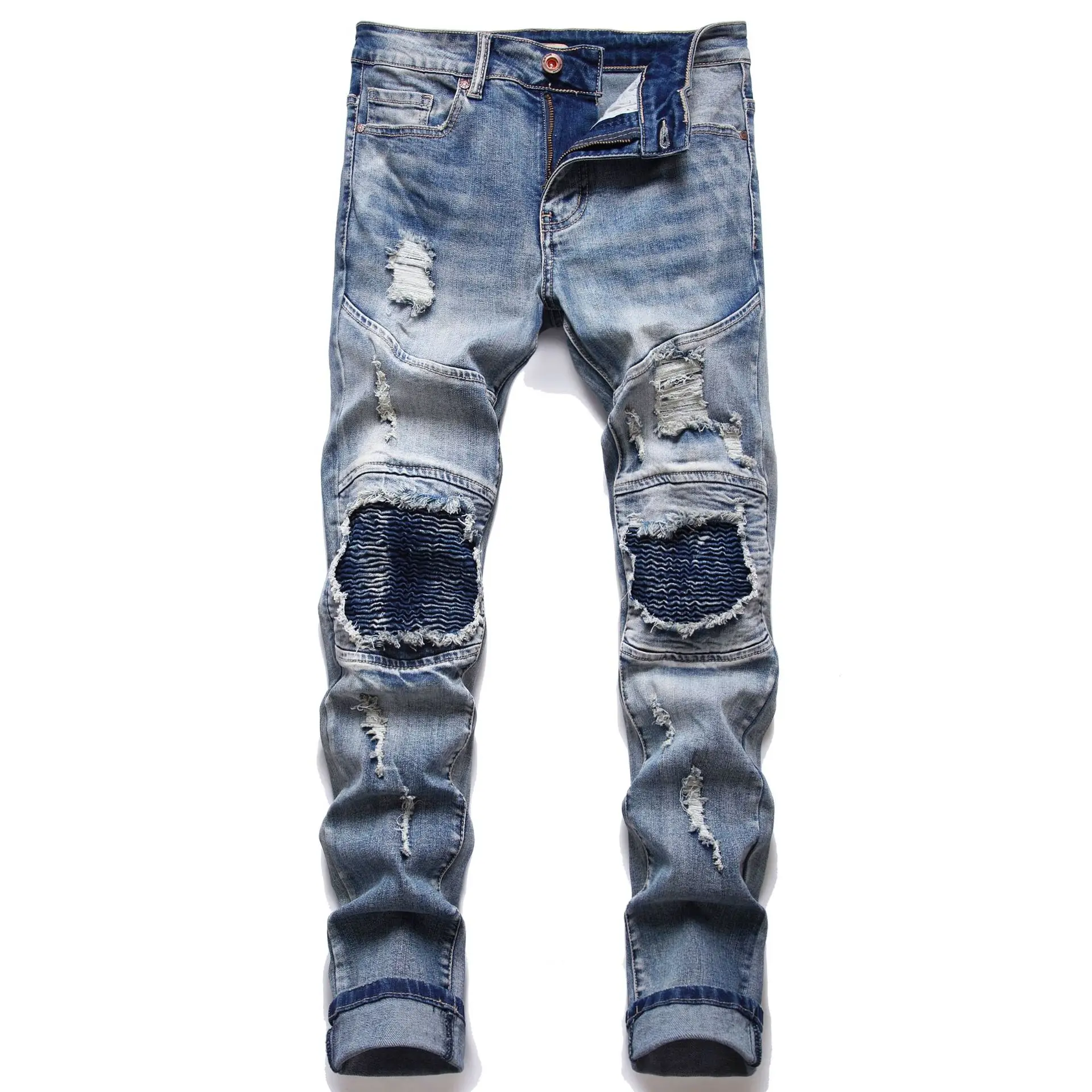 

2022 New motorcycle men's jeans slim-fit folds knee holes trousers zipper men's trousers streetwear men