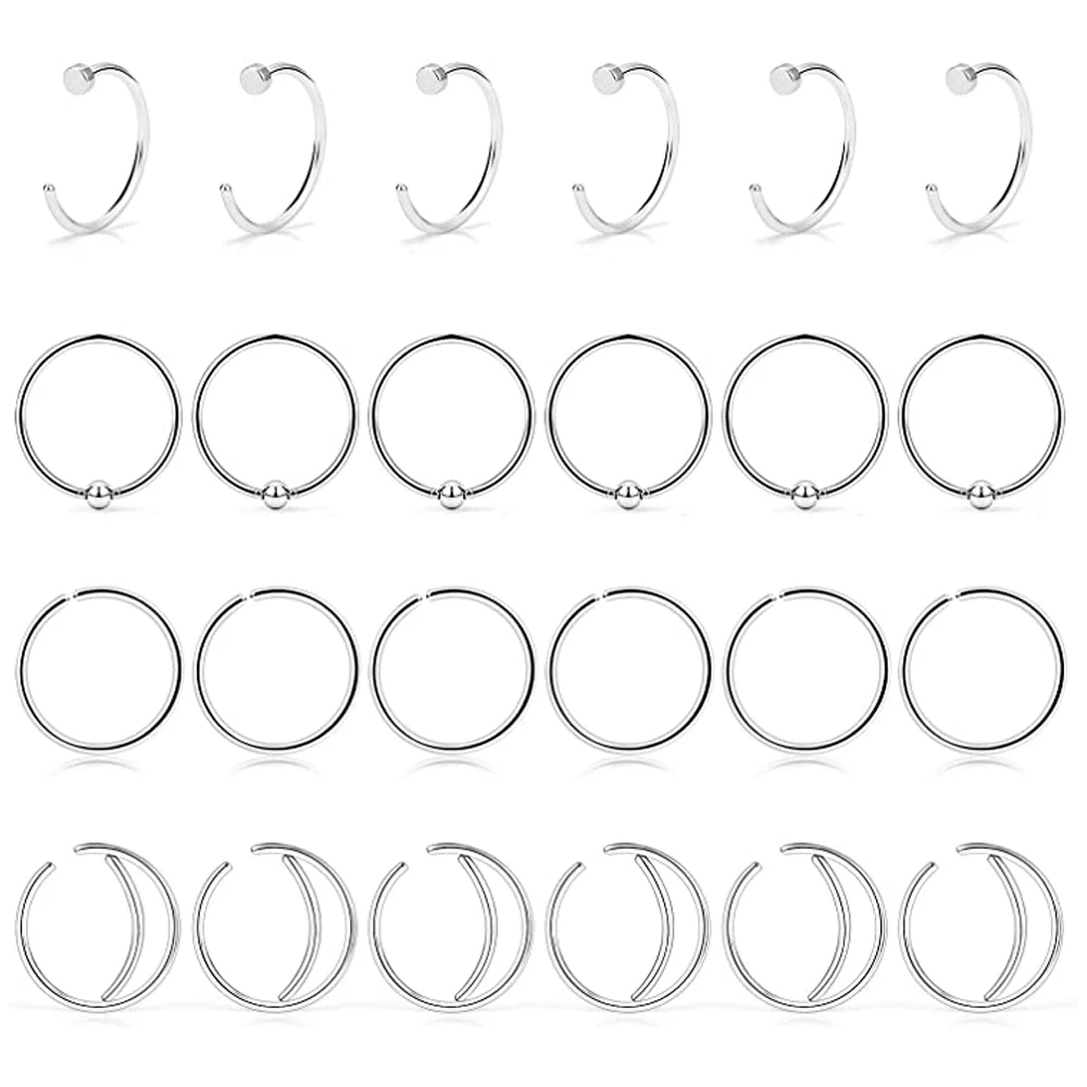 

24PCS 22G Surgical Steel Moon Nose Rings Hoop Nostril Septum Ring Piercing Jewelry for Women Girls Men 8mm 10mm