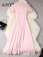 zjyt high street fashion summer mid calf t shirt dress casual woman clothing 2022 short sleeve solid brief aline vestidos pink