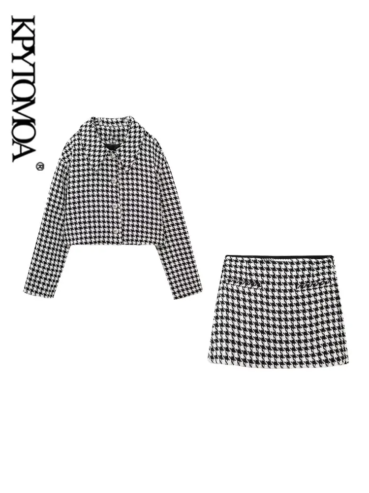 

KPYTOMOA Women Fashion Houndstooth Cropped Blazer Coat And High Waist Side Zipper Shorts Skirts Female Two Piece Sets Mujer