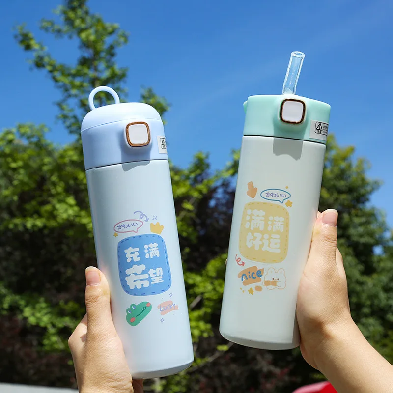 Cute Ins Children Water Cup 304 Stainless Steel Vacuum Flask Bouncing Straw Kettle Cartoon Student Cup Gift Cup