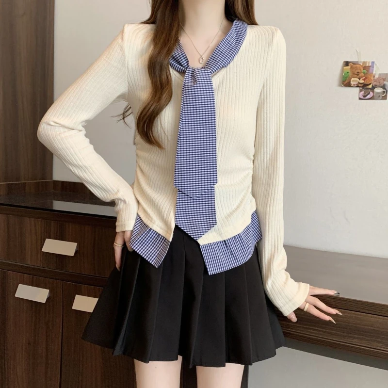 Женский трикотажный топ с длинным рукавом Облегающая рубашка в Корейском стиле