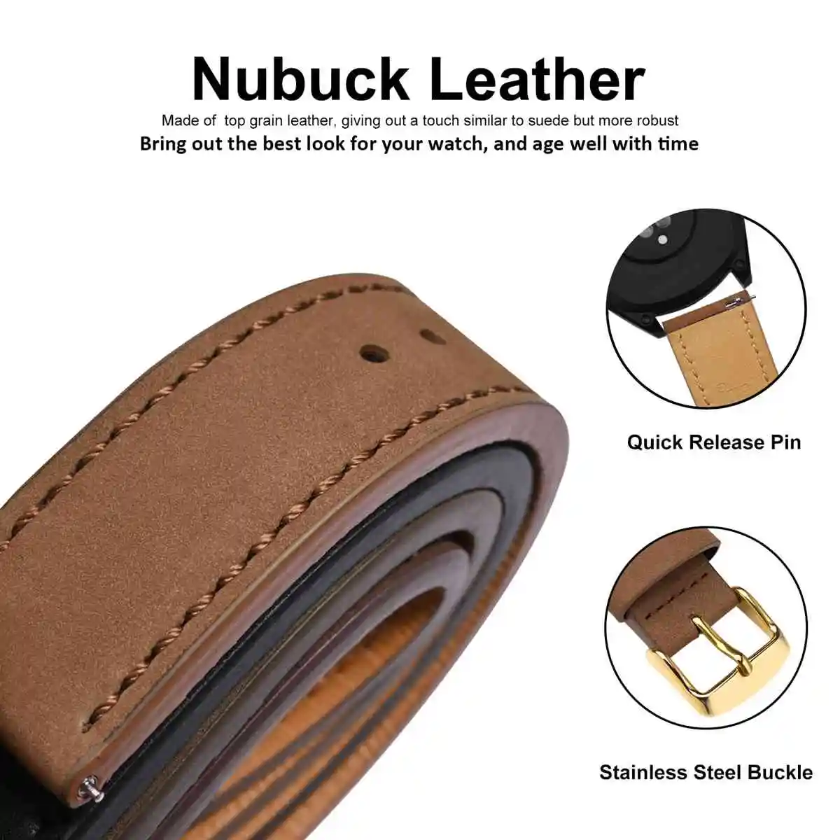 WOCCI Nubuck Top Grain Leather Watch Straps 18mm 20mm 22mm Black Green Brown Watchband with Quick Release Pin and Golden Buckle