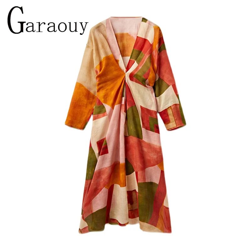 

Garaouy 2022 Summer Women Chic Vintage Contrast Color Print Robe Dress Slit Midi Dresses Elegant Casual Female Vestidos Mujer