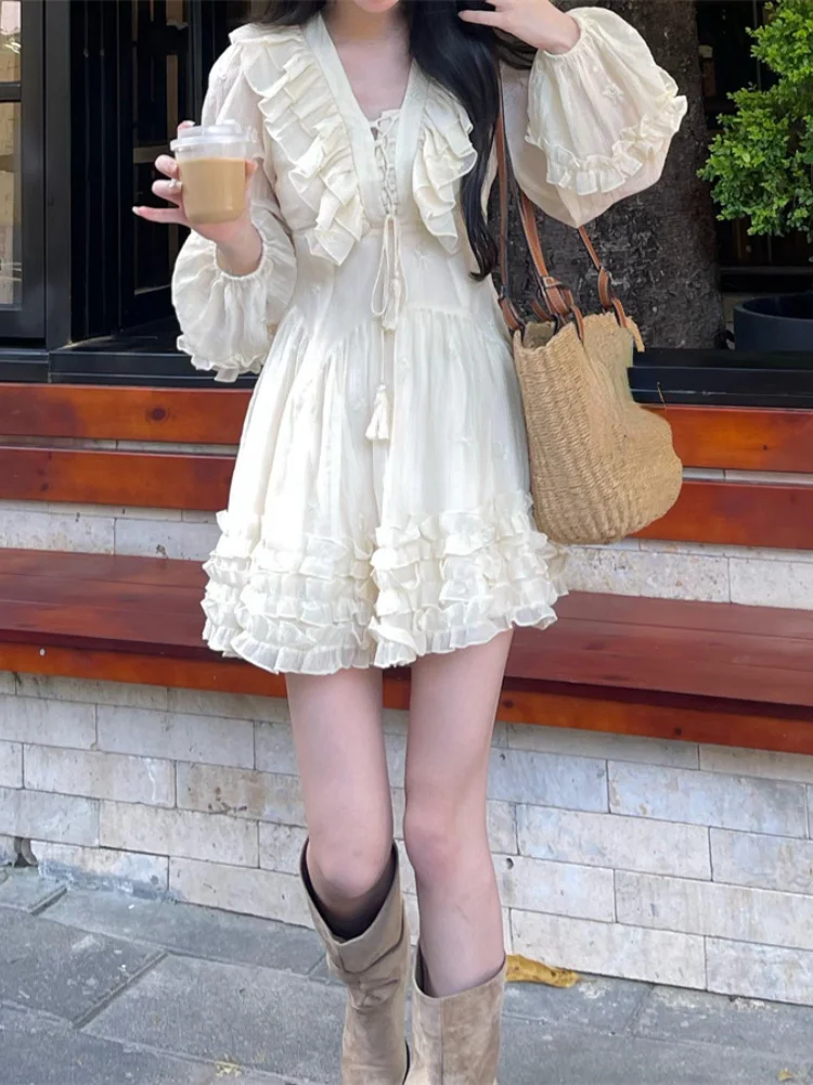 

Autun Fairy Pure Color ini Dress Woan Casual Long Sleeve Dress Fashion Short Party Dress Chic Design